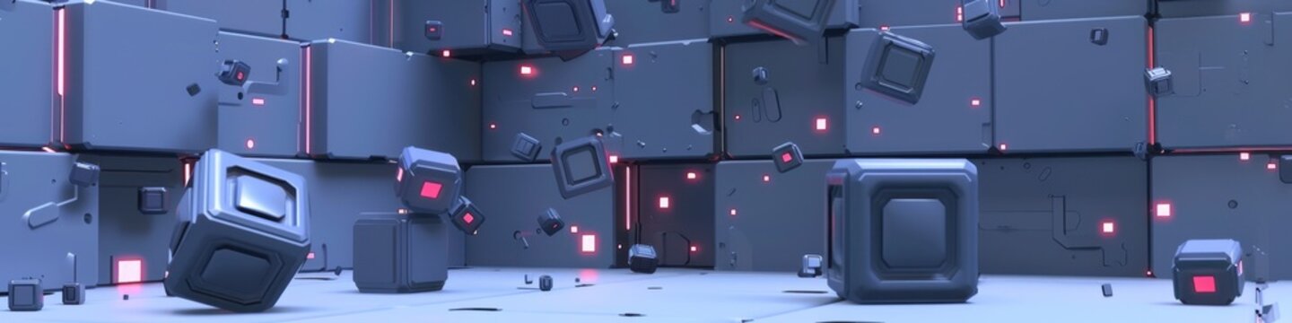 Fondo abstracto de cubos tecnol&oacute;gicos en 3D con luces LED rojas brillantes y estructuras modulares flotantes en un entorno futurista y oscuro.