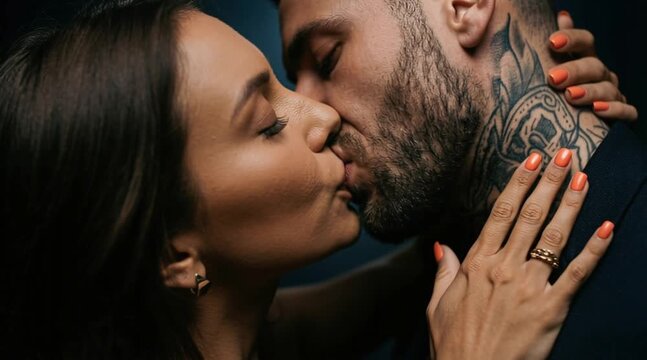 passionate couple kissing in close up with tattooed man and woman with orange nails on dark moody background