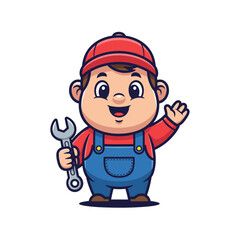 Naklejka premium Cute cartoon mechanic character holding a wrench and waving on a white background