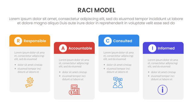 RACI model infographic 4 point stage template with round box table right direction ups and down for slide presentation