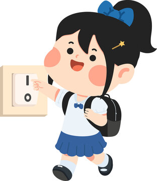 Girl Turning Off Light Switch Energy Saving