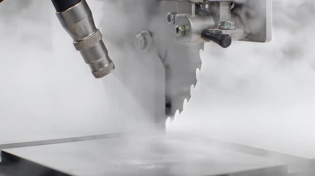 Industrial metal cutting saw blade in action with water cooling system, showcasing precise manufacturing process, symbolizing industry and technology