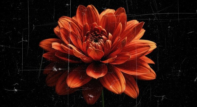 Vibrant Orange Dahlia Flower with Dark Background and Vintage Film Grain Texture.