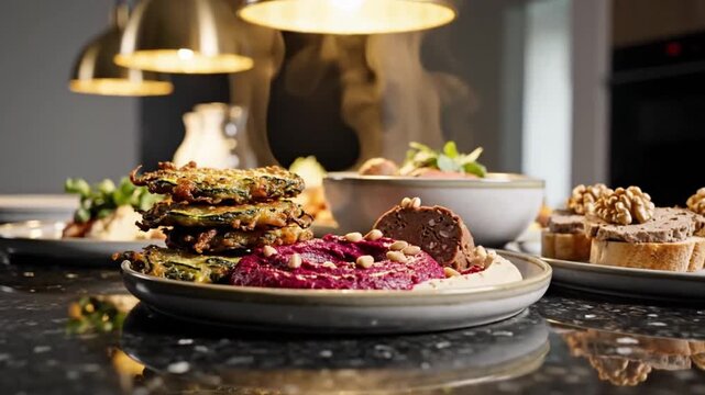 Delicious meat and vegetable dish on plate with beet sauce, served on modern kitchen countertop with warm lighting, culinary photography, gourmet food, restaurant setting.