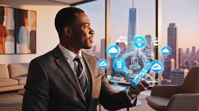 Successful professional male executive holding mobile smartphone displaying glowing cloud computing icons and digital data transfer interface for secure network backup and global storage technology
