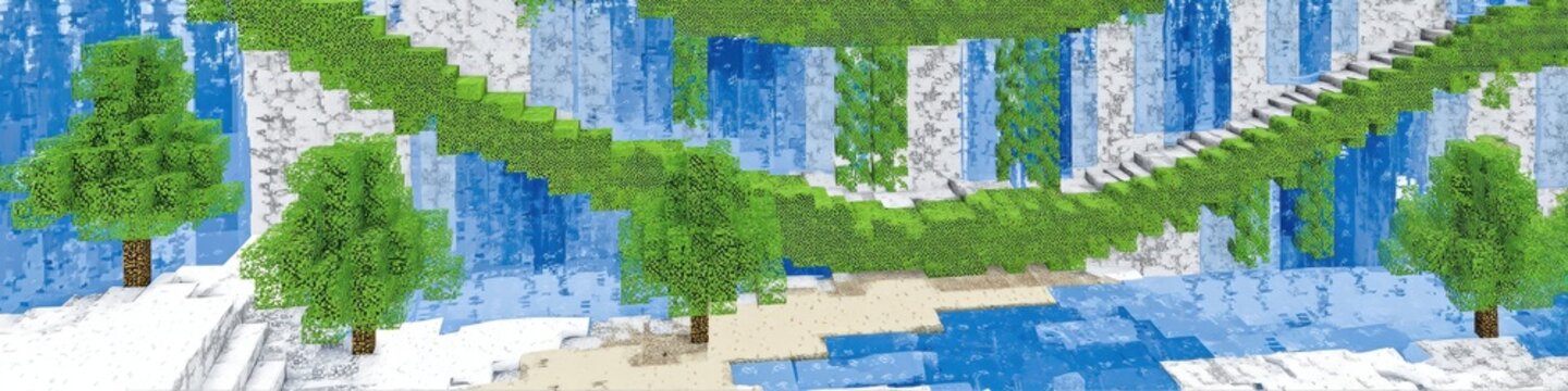 Paisaje digital de estilo pixelado que muestra cascadas de agua azul, puentes de vegetaci&oacute;n verde y &aacute;rboles c&uacute;bicos en un mundo de fantas&iacute;a.