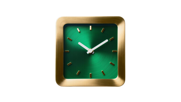 Modern square desk clock with a brushed gold frame and vibrant green face, minimalist hour markers and white hands, isolated PNG on transparent background