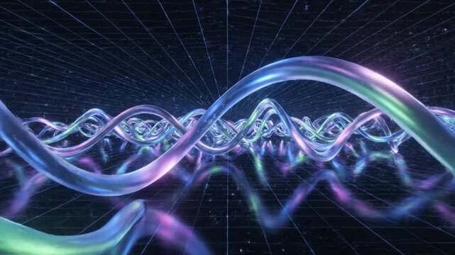 Abstract wave lines Glowing neon curves Digital data flow Information technology background Futuristic motion concept Cyber space environment Dark reflective surface