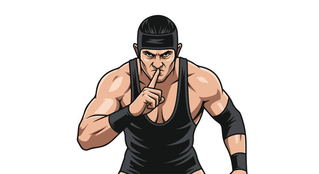 Cartoon illustration of a muscular man in a black tank top and wristbands gesturing to be quiet against a white background.