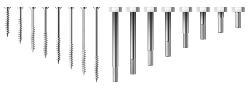 Realistic screws and bolts of various sizes. Silver rivets side view. Hardware assortment. Self-tapping fastening. Carpentry tool. Vector set of steel fasteners on white background