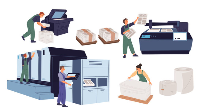 Men and women work in printing house. Workers creating fresh paper newspapers with news. Polygraphy equipment. Typography professional machines. Press office. Vector printhouse elements set