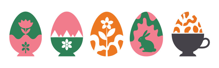 Set of colorful decorated Easter eggs with flower bunny and abstract patterns in flat vector style for spring holiday greeting card design © your picture