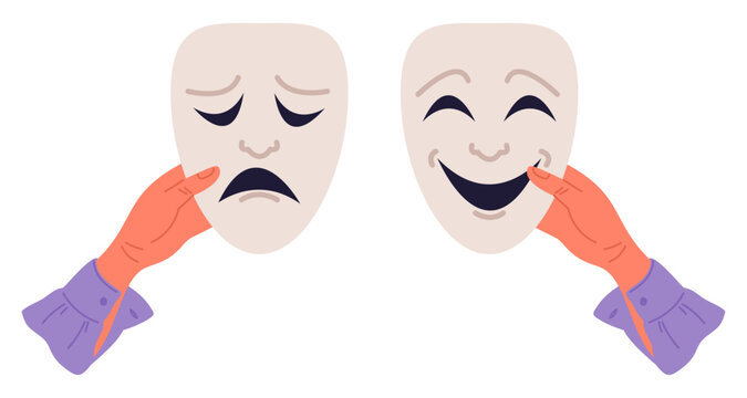 Hands holding cheerful and sad theatrical mask. Theatric comedy and tragedy. Emotional expression faces. Masquerade grimace. Happy and upset emotions. Vector concept of mood changeability