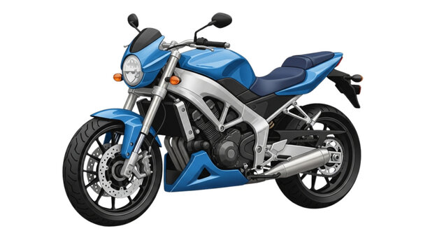 A sleek blue and silver motorcycle with black tires and seat