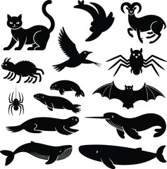 Animal silhouette icon set, cat and bird graphics, marine and insect figures, wildlife diversity symbols, black vector, white background © MstNilufar