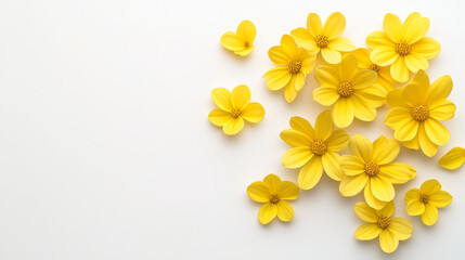 Fototapeta premium Bright yellow daisy flowers arranged on white background, cheerful and fresh floral composition