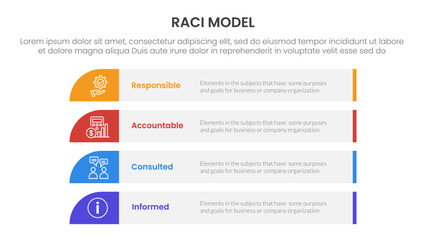 RACI model infographic 4 point stage template with long rectangle box vertical stack for slide presentation