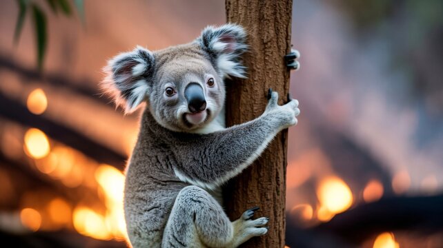 Koala hanging on tree trunk with bushfire in background