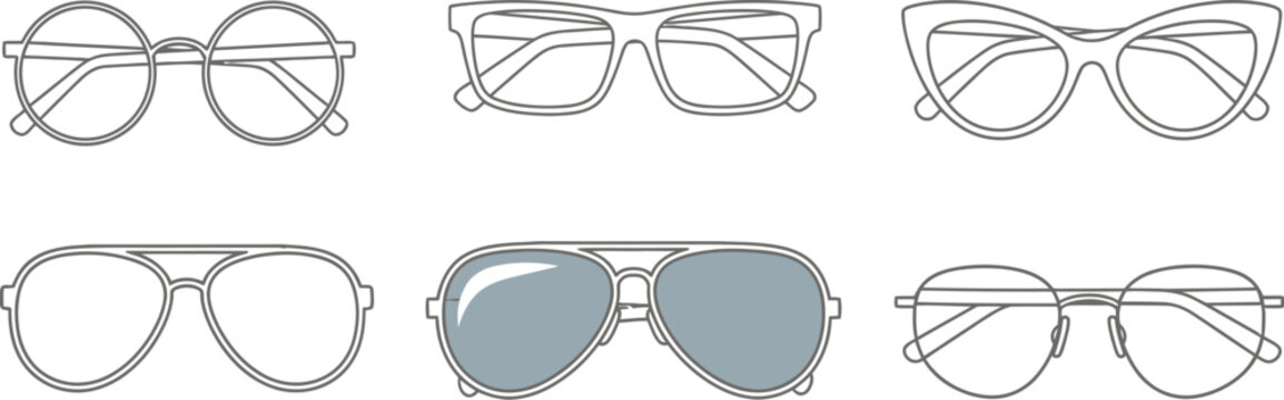 Collection of six distinct eyeglass and sunglass frame styles illustrated in simple black outline icons