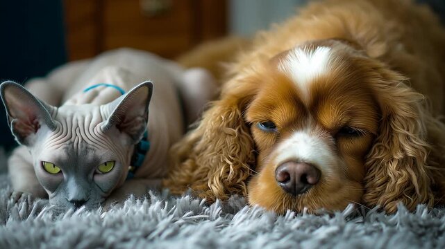 Smooth relaxing environment with a Devon Rex Cat and Cocker Spaniel Dog, Sphynx cat and Cocker Spaniel rest side by side. Both animals appear calm and relaxed. Soft gray rug enhances cozy atmosphere. 