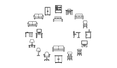 Fototapeta premium Hand drawn furniture icon set with home decor items in sketch style isolated on white background