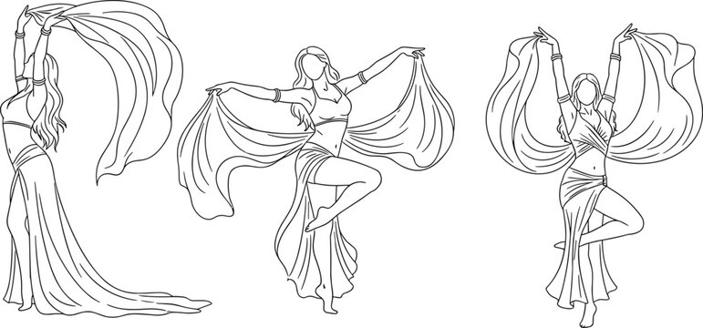 Set of elegant belly dancer outlines featuring three women in traditional costumes with flowing silk veils performing graceful dance movements on white background