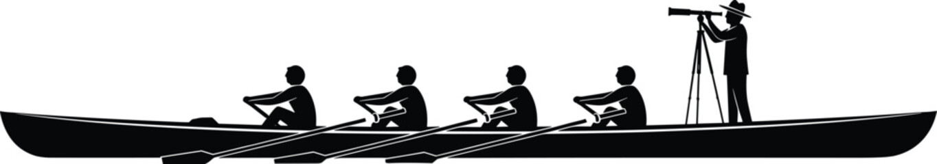 Rowing team boat silhouette with coach using telescope teamwork sport rowing crew training water competition black white vector illustration © Rahena ARAFAT