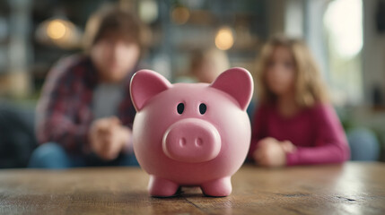 Obraz premium A pink piggy bank sits on a table with a couple in the background