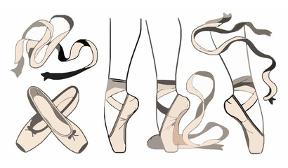 Dynamic ballet pointe shoes set with crossed and moving ribbon poses flat vector illustration © Sabbir