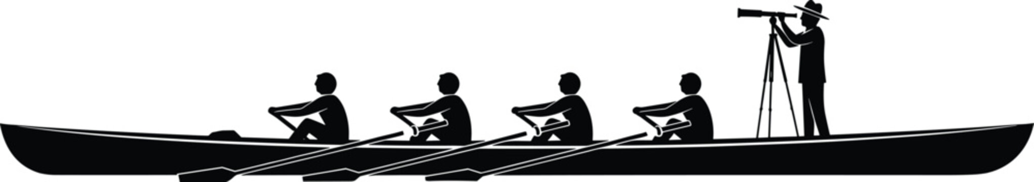 Rowing team boat silhouette with coach using telescope teamwork sport rowing crew training water competition black white vector illustration