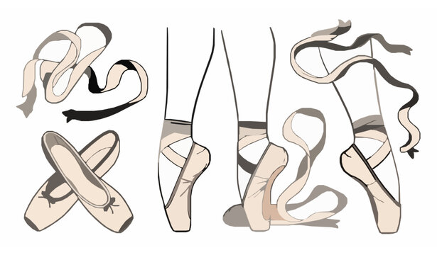 Dynamic ballet pointe shoes set with crossed and moving ribbon poses flat vector illustration