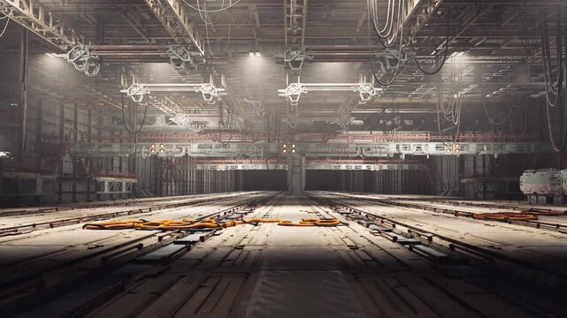 Secure storage vault with sealed hatches and valve wheels on reinforced floor, dense construction, access panels and maintenance lighting for containment