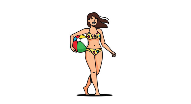 Vector illustration of woman in bikini holding beach ball