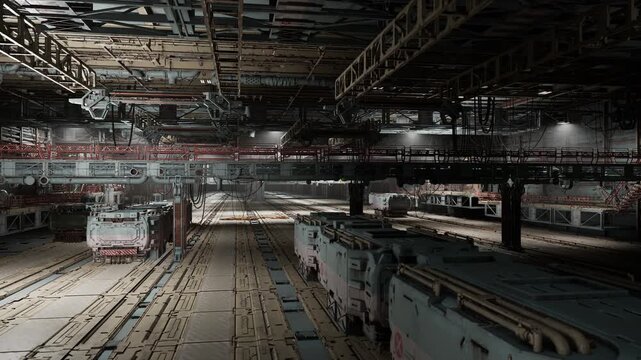 Silent depot storing decommissioned trains with neat rows of idle carriages, low light accentuates rust and form, atmosphere of pause and industrial memory