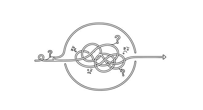 Tangled line representing complex problem, confusion, and solution path