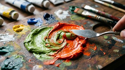 Obraz premium Artist Mixing Emerald and Crimson Acrylics on Wooden Palette