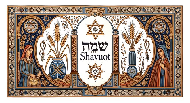 Decorative illustration celebrating the Jewish holiday of Shavuot with women, wheat, and Jewish star symbols