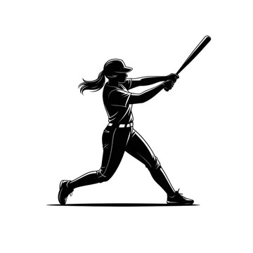 Female softball player silhouette swinging bat in powerful athletic stance, professional baseball girl sport logo vector illustration