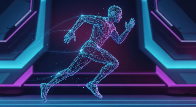 A dynamic 3D digital wireframe of a runner in motion against a futuristic, neon-lit background.