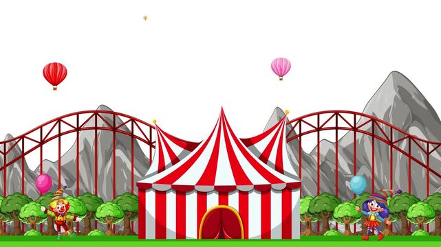 Animated Carnival Scene with Roller Coaster and Circus Tent on White Background