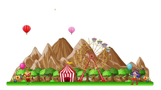 Animated Amusement Park with Ferris Wheel and Carousel on White Background