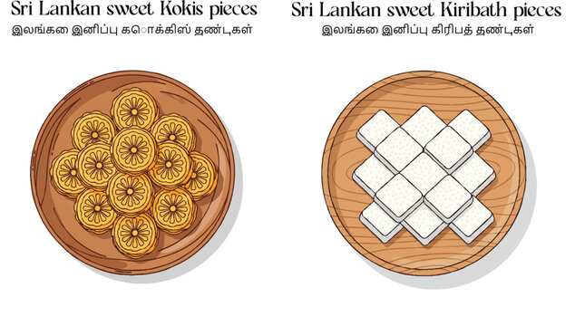 Sri Lankan Traditional Sweets Kokis and Kiribath &ndash; Flat Vector Illustration, Top View Food Set, Isolated on White Background