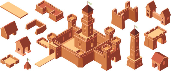 Isometric medieval castle builder kit, modular fortress towers walls gates houses, fantasy strategy game assets, 3D architecture illustration set © Miss