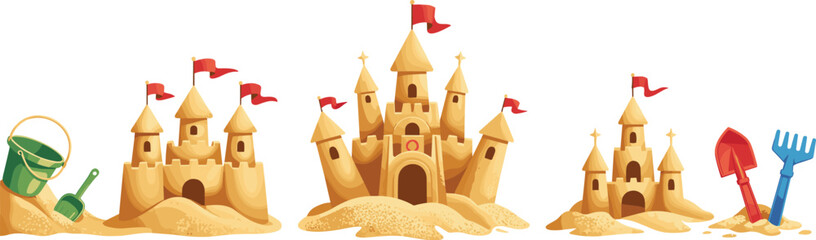 Golden sandcastle set with bucket and shovel toys, beach summer illustration, kids sand castles collection, playful seaside vacation design © Miss