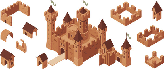 Isometric medieval castle building kit, modular fortress towers walls houses and gates, fantasy strategy game assets, 3D architecture set © Miss
