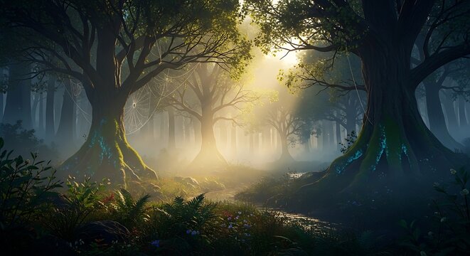 Misty enchanted forest path with ancient trees and glowing roots in golden morning light