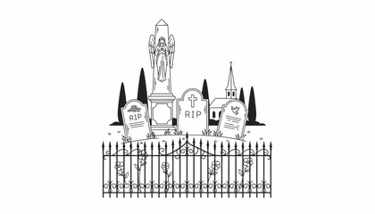 Fototapeta premium Spooky Cemetery Scene with Gravestones, Angel Statue, and Church - Black and White