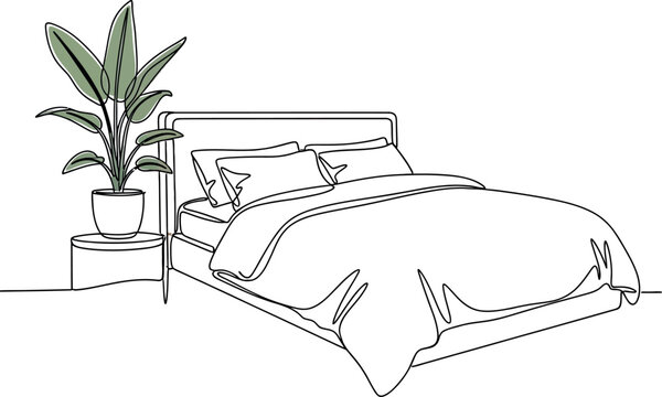 Minimalist continuous line art illustration of a tranquil modern bedroom interior, showcasing a comfortable bed with soft pillows, a warm duvet, a small bedside table, and a decorative potted plant.