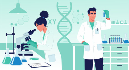 Fototapeta premium Scientific research vector illustration of scientists in a laboratory studying DNA and conducting experiments with scientific equipment