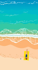 Obraz premium Summer beach vacation vector illustration of a woman relaxing on a yellow towel by the turquoise ocean waves and sandy shore